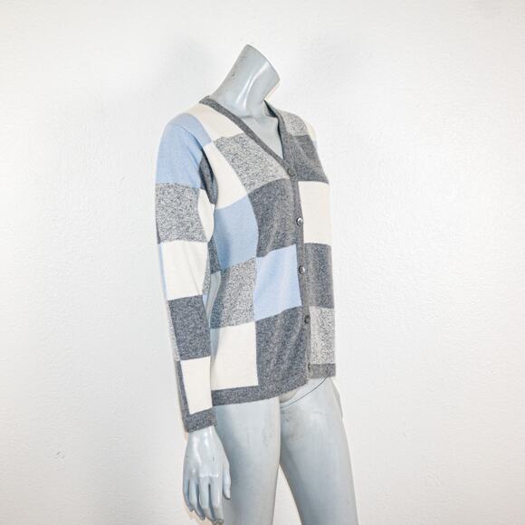 Clan Douglas 100% Cashmere Cardigan Sweater Grey Blue checker size Medium - Picture 4 of 9